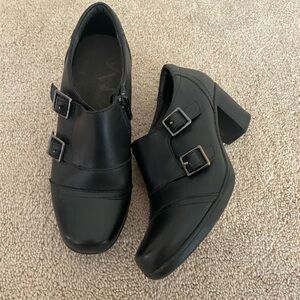 Clarks Black Heeled Boots with Double Buckle